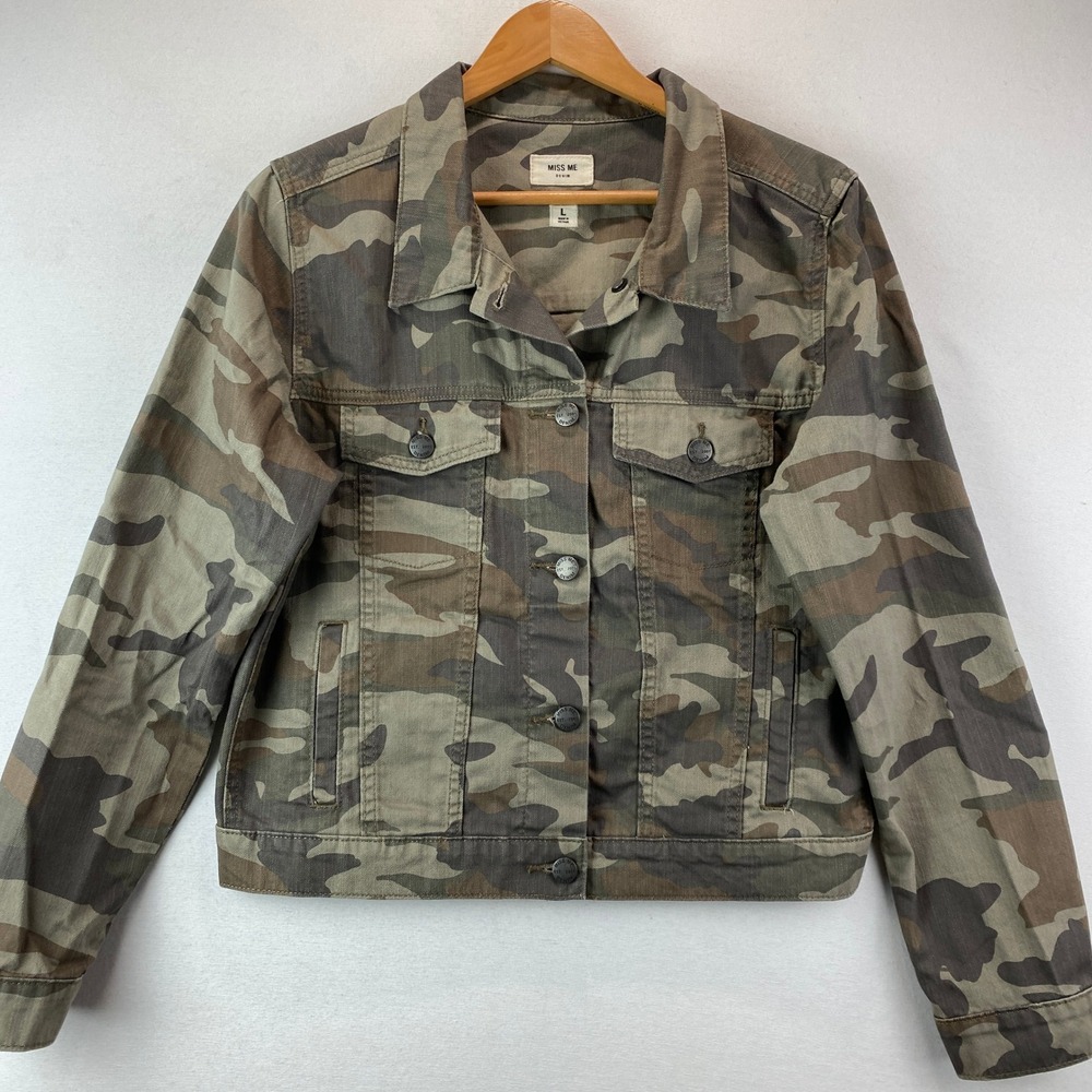 Miss Me Camo Denim Jacket Womens L Green Camouflage Trucker JJ2212 Utility